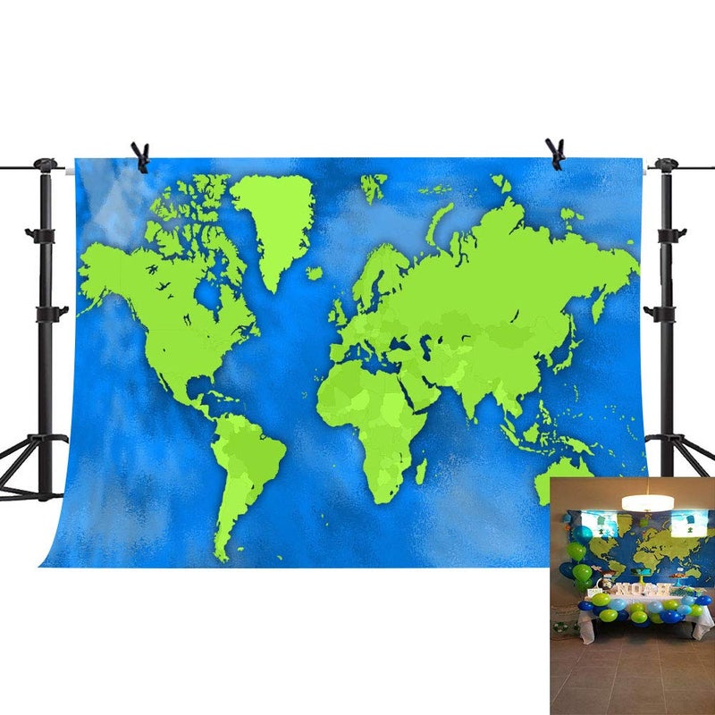 PHMOJEN Green and Blue World Map Backdrop Vinyl 7x5ft Happy Earth Day Photo Backdrop Travel Themed Party Studio Props WQPH564 - Image 1